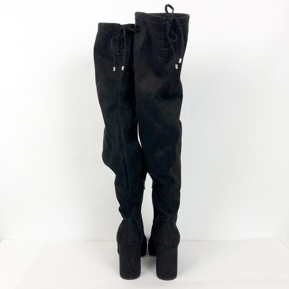 BP Womens Thigh High Boots 7.5 Black Faux Suede Pull On Lace Up Top NWOB - Picture 7 of 11